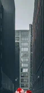 Urban alley with grey buildings and red gift boxes.