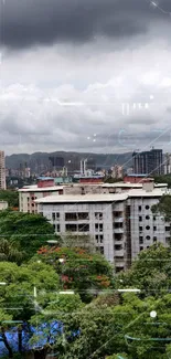 City skyline with lush green landscape under cloudy skies.