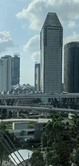 Urban skyline wallpaper showcasing modern skyscrapers and blue sky.