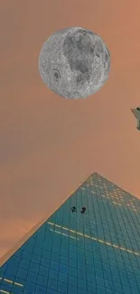 Skyscraper under a large, glowing moon in a warm city evening.