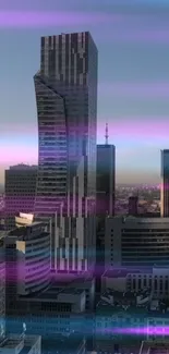 Modern skyscraper in vibrant pink and blue dawn light.