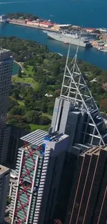 Aerial view of cityscape with skyscrapers and waterfront.