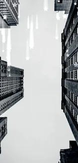 Minimalist perspective of urban skyscrapers against a clear gray sky.