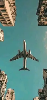 Airplane soaring between urban skyscrapers.