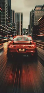 Red sports car speeding through a cityscape at night.