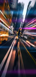 Dynamic urban cityscape with motion blur effect, capturing vibrant city lights.