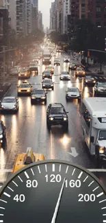 Urban traffic with speedometer overlay at dusk.