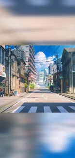 Anime street scene with blue sky, perfect for mobile wallpaper.