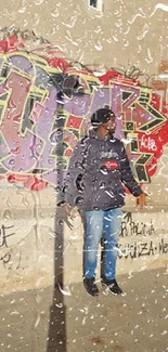 Person standing in front of colorful street graffiti art on a sunny day.