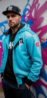 Man in blue hoodie with graffiti background.