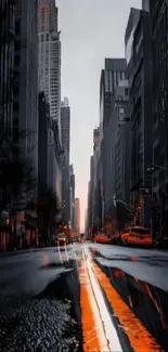 Urban street at dusk with city skyline and vibrant lights.