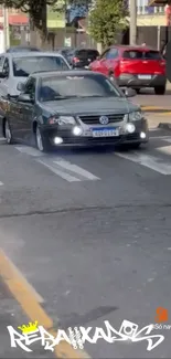 Urban street with cars in motion, captured lively.