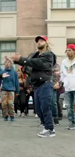 Group of urban street dancers in colorful attire on city street.