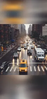 Urban street with evening traffic and taxi under rainy sky.