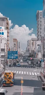 Vibrant urban street scene with skyscrapers under a blue sky.