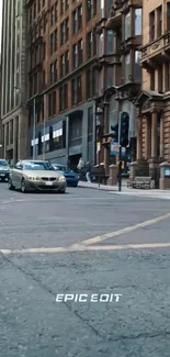 A bustling city street scene with cars and buildings.