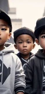 Three kids in urban streetwear with city backdrop.