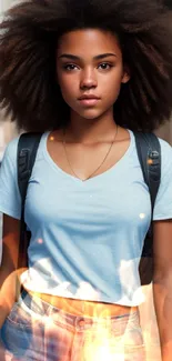 Woman in a blue shirt with a city street background, urban style.