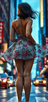 Fashionable figure in city street, vibrant urban style wallpaper.