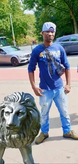 Urban style with lion statue in cityscape.