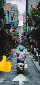 Man on scooter in vibrant urban street with teal surroundings.