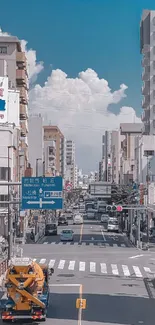 Urban street view with blue sky and clouds background.