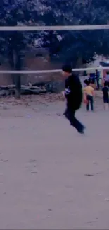 Urban street volleyball game with players in action.