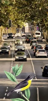 Illustrated bird on city street background with lush trees and cars.