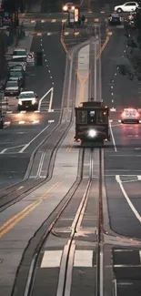 Scenic urban streetcar in San Francisco cityscape at dusk.