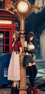 Urban fantasy characters standing near a vintage red telephone box.