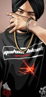 Illustrated urban style figure with black t-shirt and gold chain.