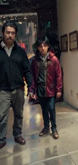 Stylish portrait of two men in an urban setting with fashion-forward clothing.