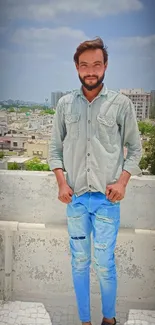 Stylish person on a rooftop with city skyline in the background.