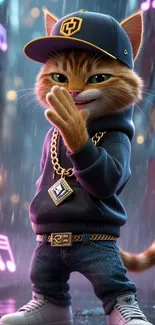 Animated cat in urban outfit with cool background.