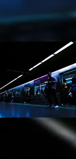 Subway train at night with urban ambiance and cool lighting.