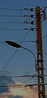 Urban light post silhouetted against a blue sunset sky.