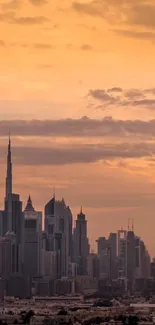 Urban skyline at sunset with orange sky and towering skyscrapers.