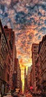 Beautiful city street at sunset with vibrant orange sky.