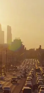 Mobile wallpaper of sunset over city traffic and skyline.