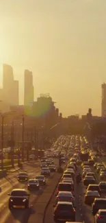 Sunset over busy urban highway with skyline silhouette.