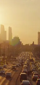 City skyline and traffic at sunset, creating a golden urban scene.