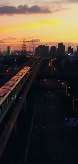 Train traveling at sunset with city skyline backdrop.