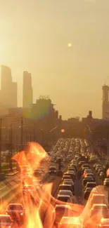 Urban sunset with traffic and cars in golden hues.