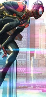 Superhero leaping across a cityscape in a dynamic pose.