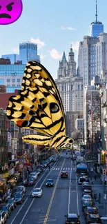 Surreal mobile wallpaper with butterfly and cityscape.