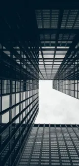 Symmetrical view of modern skyscraper buildings in a monochrome cityscape.