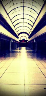 Symmetrical view of a modern hallway with cream-tiled floors.