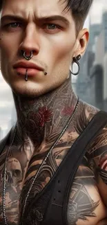 Tattooed individual with urban backdrop in vibrant mobile wallpaper.