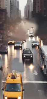 Rainy urban street with cars and taxis.