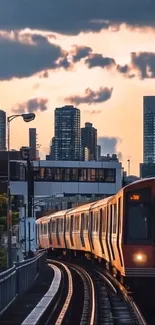 City train passing through urban skyline at sunset, capturing a vibrant cityscape.